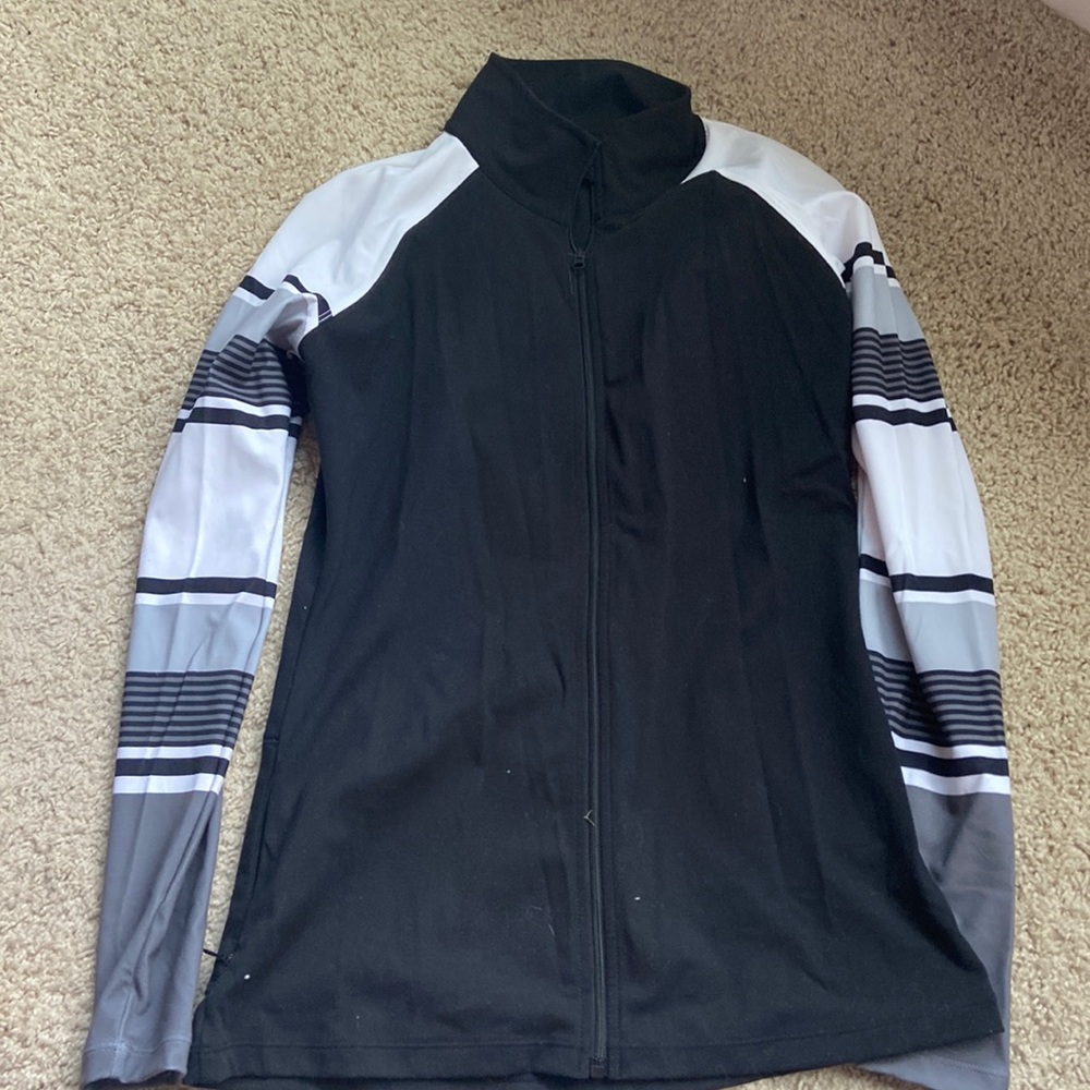 Lorna Jane, open back jacket, black with gray and white striped sleeves